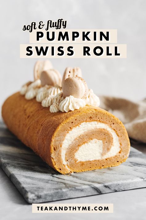 This pumpkin swiss roll is the fluffy roll cake of your dreams with a moist and airy pumpkin sponge cake, rolled with a whipped cream cheese filling, and topped with cinnamon spiced macarons. #swissroll #pumpkinroll #pumpkin #fallbaking | teakandthyme.com Pumpkin Swiss Roll, Whipped Cream Cheese Filling, Pumpkin Rolls, Pumpkin Roll Cake, Pumpkin Rolls Recipe, Cake Roll Recipes, Easy Lunch Ideas, Thanksgiving 2024, Chai Recipe