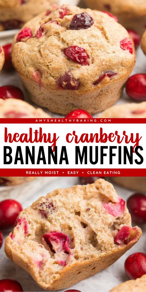 A must-try holiday brunch idea! This easy muffin recipe is perfect for your Christmas morning breakfast. Moist and full of bright, tangy flavor, these Healthy Cranberry Banana Muffins are irresistible! Plus, they're clean eating with a gluten free option! Ww Cranberry Orange Muffins, Healthy Moist Muffins, Healthy Cranberry Orange Muffins, Banana Muffins Easy Healthy, Fresh Cranberry Recipes Healthy, Muffins Recipes Banana, Healthy Cranberry Recipes, Nut Free Muffins, Healthy Cranberry Muffins