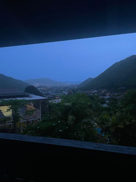 Rainy day blue hour rainforest dark oahu hawaii mountains pouring twilight aesthetic Rainy Day Blue, Rainy Hawaii, Blue Hour Aesthetic, Hawaii Mountains, Cabin 7, Twilight Aesthetic, Midnight City, All The Bright Places, Rainy Day Aesthetic