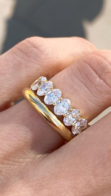 Eternity Band Engagement Ring Stack, Engagement Eternity Band, Gold Band And Diamond Band Stack, Eternity Ring Oval Diamond, Oval Diamond And Wedding Band, Eternity Ring Diamond Oval, Oval Diamond Infinity Band, Wedding Ring Eternity Band, Yellow Gold Oval Engagement Ring With Diamond Band