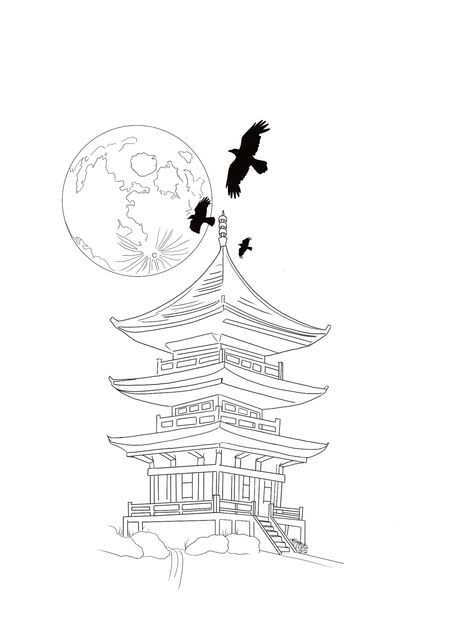 Japanese House Tattoo Design, Japanese Houses Tattoo, Pagoda Tattoo Stencil, Japanese Tattoo Stencil Design, How To Draw Pagoda, Dojo Tattoo Design, Japanese Pagoda Drawing, Pagoda Drawing, Japanese Tower Tattoo