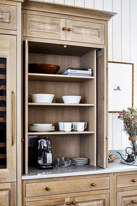 oak open shelving with pocket cabinet doors alison giese Pocket Cabinet Doors, Pocket Cabinet, Devol Kitchens, Cabinet Fronts, Kitchen Redesign, Home Coffee Bar, Open Kitchen Shelves, Coffee Bar Home, Kitchen Installation