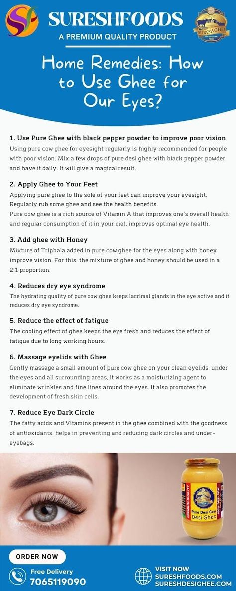 Ghee is packed full of vitamin A (the go-to vitamin for eye health) and omega 3, a fatty acid that helps maintain healthy eyes. Ghee is helpful in removing eye bags and reducing dark circles around the eyes. It is a natural antioxidant that treats the problem from the root. Removing Eye Bags, Remove Eye Bags, Cow Ghee, Remove Dark Circles, Healthy Eyes, Dark Circles Under Eyes, Healthy Routine, For Eyes, Eye Bags