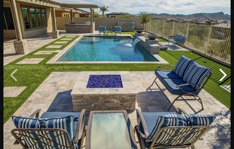 Yard Upgrades, Backyard Arizona, Arizona Pools, Landscaping Around Pool, Boho Backyard, Arizona Backyard, Geometric Pool, Rectangle Pool, Pool Landscape