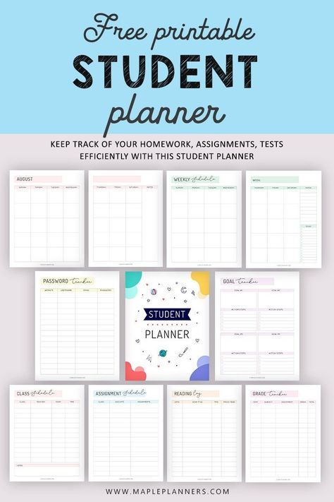 Stay organized and keep track of your school assignments, homework,   tests, grades and everything school related with this free printable student planner. #studentplanner #freeprintable Academic Planner Printables Free, Planer For School, Free School Planner Printables, Free Study Planner, Academic Planner Template, School Planner Printables, Revision Planner, Study Planner Printable Free, School Planner Template