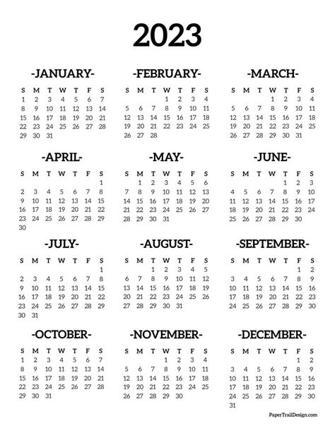 Print this yearly calendar one page for 2023 and have the perfect year at a glance calendar for your planner, binder, or to hang on the wall. Black And White Calendar, Bullet Journal Calendrier, Paper Trail Design, At A Glance Calendar, Study Planner Printable, 달력 디자인, Trail Design, Year At A Glance, Idee Cricut