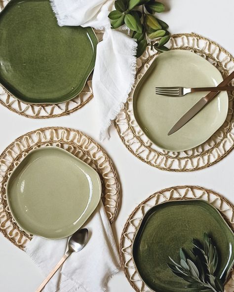 Make them green with envy (and Biophilia). #rentusereturn #biophilia #handmadeceramics #localzadesign #rentthelook #madeinsouthafrica #curatedtablescape #tabledecorhire #tablesetting #hostathome Green Dinner Table, Plates Aesthetic, Crazy Decor, Event Table Decor, Green Tablescape, Green Dinner, Setting Table, Green Plates, Green With Envy