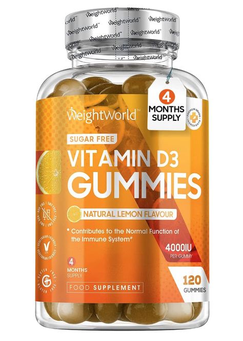 Why WeightWorld's Vitamin D3 Gummies?: Looking for a natural & tasty way to get enough Vitamin D? Each serving of our High Strength Vitamin D supplement delivers potency of 4000IU to provide incredible health benefits. Each pack contains 120 chewable Vitamin D gummies (not vitamin D tablets) to keep you replenished for 4 months straight, providing an amazing value. Take 1 vitamin D gummy adult per day to meet daily vitamin requirement. Our Vitamin D chewable adults is the must have supplement! Immune System Vitamins, Chewable Vitamins, Daily Vitamin, Cold And Cough Remedies, Vitamin D Supplement, Gummy Vitamins, Cough Remedies, Daily Vitamins, Vitamin D3