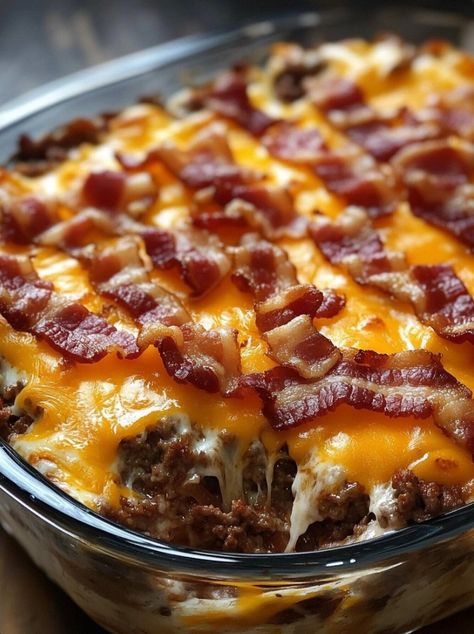 Low Carb Bacon Cheeseburger Casserole is a delicious, hearty dish that combines all the flavors of a classic cheeseburger without the carbs. With laye... Simple Cheeseburger Casserole, Weight Watchers Cheeseburger Casserole, Bacon Cheeseburger Recipes, Keto Bacon Cheeseburger Casserole, Bbq Bacon Cheeseburger Casserole, Low Carb Casserole Recipes For Dinner, Cheeseburger Hotdish, Low Carb Hamburger Recipes, Low Carb Bacon Cheeseburger Casserole