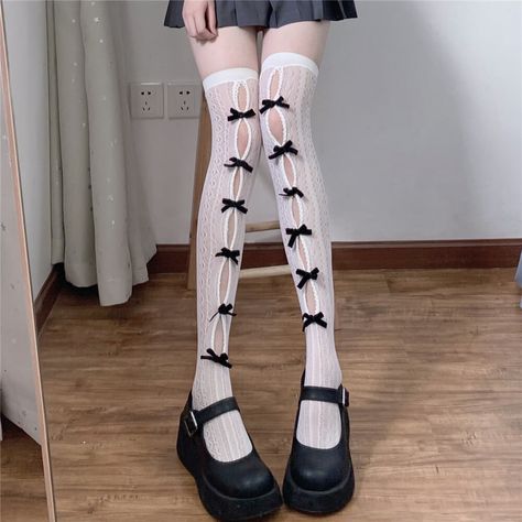 cutiekill-fairy-core-bow-hollow-out-lace-stockings-c0098 Gothic Stockings Tights, Bow Stocking Outfit, Stockings With Bows, Black Bow Outfit, Bow Socks Outfit, Pretty Stockings, Tights With Bows, Black And White Stockings, Cute Long Socks