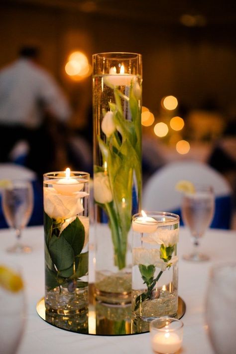 Submerged Flower Centerpiece, Floating Flower Centerpieces, Beach Wedding Candles, Submerged Flowers, Candles And Flowers, Beach Wedding Decorations Reception, Wedding Captions, Virginia Beach Wedding, Beach Wedding Centerpieces