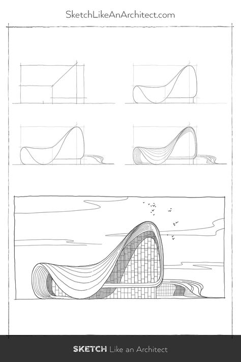 So you are a fan of Zaha Hadid and you want to draw Heydar Aliyev with pen and paper. How do you do urban sketching like a pro? This book offers more than 100 step by step guide on how to draw architecture buildings. It can literally change the way you sketch within 1 month. Click through to learn how to get a copy of your own! #sketchlikeanarchitect #learntodraw #stepbysteptutorial #procreatedrawing #sketchingtips #architectureillustration #urbansketching Drawings Of Famous Buildings, Arch Drawing Sketches, Famous Buildings Drawing Architecture, Architectural Structure Drawing, Famous Building Sketches Architecture, Famous Architectural Buildings Sketches, Building Structure Drawing, How To Be An Architect, Famous Buildings Drawing