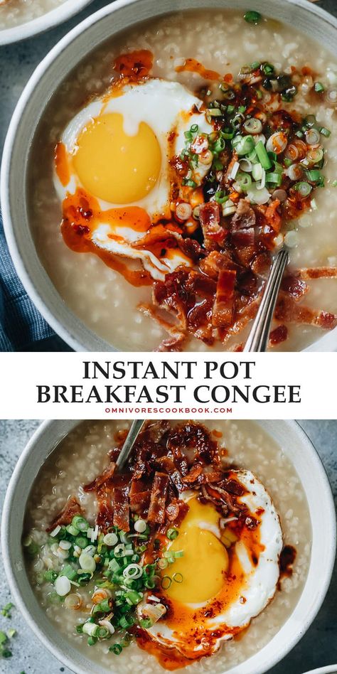 A super simple Instant Pot breakfast congee made with chicken broth and seasoned with ginger and green onion. It’s cooked until gooey, then finished up with crispy bacon, a sunny side up egg, and chili oil. It takes no time to put together and is comforting at any time of the day. {Gluten-free Adaptable} Congee Recipe Instant Pot, Congee Instant Pot, Congee Breakfast, Breakfast Congee, Instant Pot Congee, Congee Recipes, Instant Pot Breakfast, Asian Breakfast, Runny Eggs