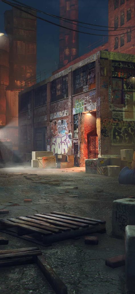 Gang Hideout Concept Art, Abandoned City Concept Art, Scrapyard Aesthetic, Warehouse Concept Art, Junkyard Aesthetic, Broke Aesthetic, Warehouse Aesthetic, Werewolf Comic, Urban Hell