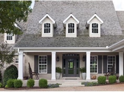 taupe house with black shutters | Home / Sherwin-Williams colors Tony Taupe (Brick), Black Fox (Shutters ... Brick Columns, Painted Brick House, Paint Color Inspiration, Exterior Paint Color, Exterior Paint Colors For House, Painted Brick, Farmhouse Exterior, House Paint Exterior, Exterior Paint Colors