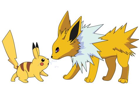 Pikachu and Jolteon Pokémon love Jolteon Tattoo Ideas, Jolteon Tattoo, Jolteon And Vaporeon, Jolteon And Flareon, Pokemon Jolteon Art, Eveloution Eevee Evolutions, Pikachu Raichu, Eevee Evolution, Pokemon Tattoo