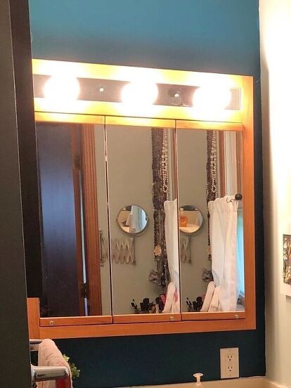 How To Update A Medicine Cabinet | Hometalk How To Update Medicine Cabinet Mirror, Painting Medicine Cabinet, Update Medicine Cabinet Mirror, Orange Oak Cabinet Makeover, Medicine Cabinet Redo, Oak Cabinet Makeover, Update Bathroom Mirror, Large Medicine Cabinet, Bathroom Medicine Cabinet Mirror