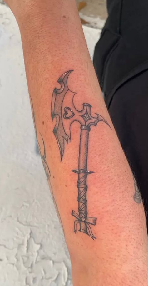 Pitch Fork Tattoo, Mace And Chain Tattoo Design, Simple Large Tattoos, Labrys Tattoo, Mace Tattoo, Flail Tattoo, Armor Hand, Tattoos 2024, Chain Tattoo