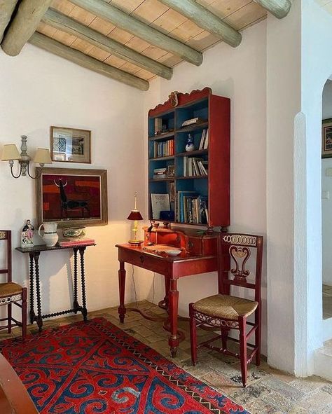 Vintage Eclectic Home, Red Desk, Traditional Eclectic, Eclectic Living, Eclectic Interior Design, Welcome To My House, Eclectic Bedroom, Furniture Paint, Spanish Colonial