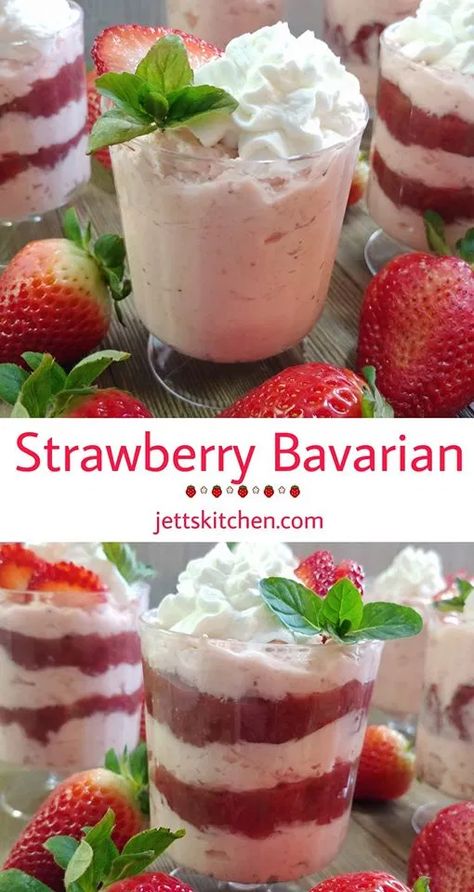 Strawberry Bavarian Cream Parfait Dessert Cups - Jett's Kitchen Strawberry Bavarian Cream, Strawberry Bavarian, Homemade Parfait, Strawberry Parfait, Parfait Desserts, Bavarian Cream, Homemade Strawberry Jam, Strawberry Dessert Recipes, Strawberry Mousse