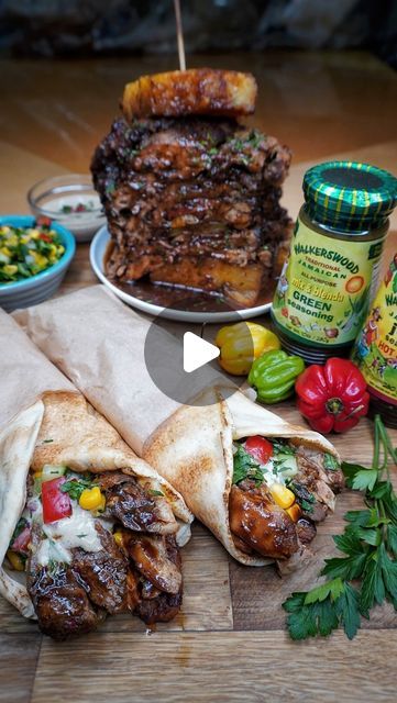 Kay on Instagram: "SENSATIONAL HOT HONEY HARISSA JERK SHAWARMA CHICKEN WITH SWEETCORN SALSA 🇯🇲🤯🥳🧨🥵🤤🤩🙌🏽🔥☀️. My new FAVOURITE!! Succulent juicy Hot honey harissa chicken Chicken Shawarma. Chicken marinated @walkerswood green seasoning, jerk seasoning, harissa paste Jamaican seasoning then skewered in between chunks of pineapple and cooked to perfection. Once done Iv drizzled a hot honey harissa jerk glaze. Then put in naan bread with fried plantain, sweetcorn salsa and jerk Mayo.  THIS WAS SOOOOO TASTY!! OMG can’t even put into words how good this taste. DEFINITE MUST MAKE!! Used @nakanoknives sharp amazing knife. 🔥🔥 . . DM FOR MORE INFO TO GET MY DAILY RECIPES. . . #chickenshwarma #viral  #inspiration #foodblogger #foodstagram #love #recipes #jerkchicken #dancehall #newyork #wa Jerk Mayo Recipe, Jerk Chicken Shawarma, Honey Harissa Chicken, Jamaican Seasoning, Shawarma Chicken, Green Seasoning, Fried Plantain, Jerk Chicken Recipe, Harissa Chicken