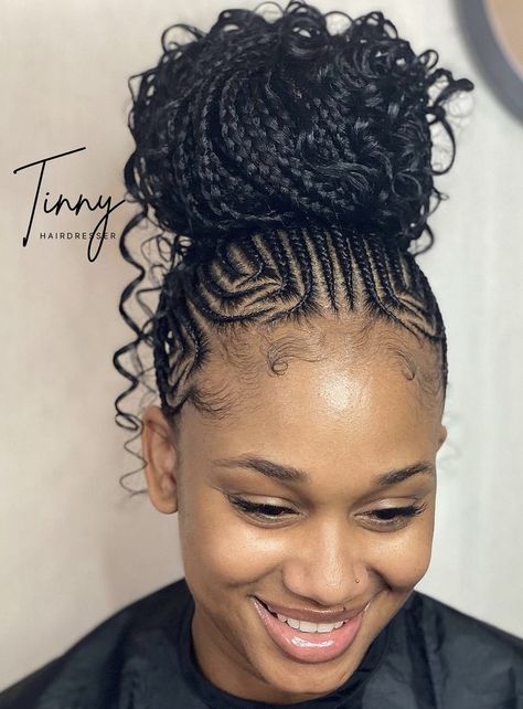 Knotless Box Braids With Feed Ins, Cornrow Curly Ponytail, Labour Hairstyles Black Women, Cornrow Hairstyles Half Up Half Down, Braid Up Ponytail Black Women, Straight Up Styles Braids, Corn Rows With Curly Hair, Fulani Braids Ponytail, Updo Braided Hairstyles For Black Women