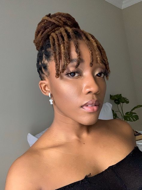 How cute are these bangs? #dreadlocks #dreadlockstyle #locstyles #locstylesforwomen Dreadlock Hairstyles Black Women Short, Dread Hairstyles For Women Short Hair, Locs Braids Hairstyles For Women, Dreadlocks Bangs, Dreadlock Bangs, How To Style Short Dreadlocks, Loc Styles With Bangs, Locks Styles For Women Dread, Loc Crown Style