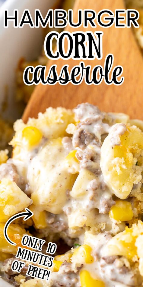 This really is the Best Hamburger Corn Casserole Recipe! It's loaded with tender macaroni noodles and juicy ground beef covered in a savory cream sauce, then topped with melty cheddar and crispy breadcrumbs. This hearty weeknight dinner recipe takes just 10 minutes to prep! Hotdish Recipes | Beef Casserole Recipes | Corn Casserole | Beef Recipes Easy | Beef Recipes for Dinner | Ground Beef Recipes | Casserole Dishes | Cooking Recipes | Hamburger Casserole | Hamburger Corn Casserole Recipes, Hamburger Recipes With Cream Cheese, Hamburger Crumble Recipes, Casaroles With Hamburger Meat, Hamburger And Corn Casserole Recipes, Hamburger Casserole Recipes With Elbow Macaroni, Corn And Beef Recipes, Hamburger Bisquick Casserole, Hamburger Rice Corn Casserole