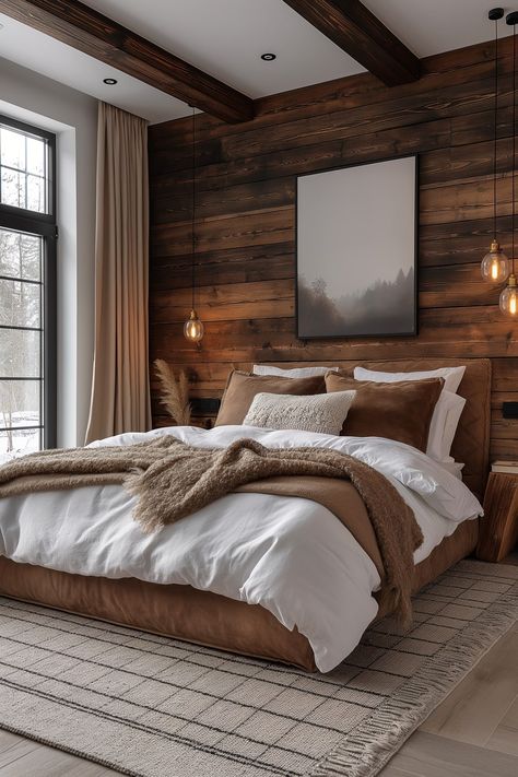 Rustic Bedroom Ideas - Remodr Hunting Ranch Decor, Modern Mountain Home Interiors Bedroom, Scandinavian Rustic Interior Bedroom, Master Bed Low To Ground, Chic Log Cabin Interior, Minimalist Cabin Bedroom, Craftsman Bedroom Aesthetic, Modern Log House Interior Design, Mountain Chalet Interior Bedroom