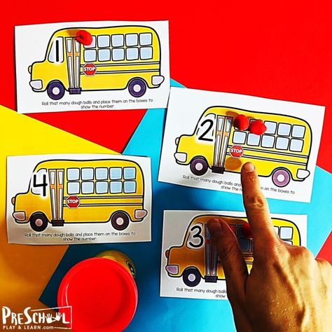 School Bus Counting Playdough Mats — Preschool Play and Learn Wheels On The Bus Activities, School Bus Printable, Bus Activities, Snow Slime Recipe, Preschool Hat, Snow Slime, Winter Stem Activities, Winter Science Experiments, Activities For Babies