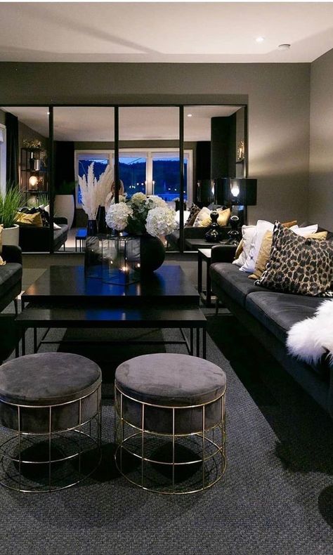 Black And Gold Lounge, Black And Gold Living Room, Gold Lounge, Modern Living Room Decor Ideas, Room Design Inspiration, Black Living Room Decor, Gold Living, Modern Living Room Decor, Contemporary Living Room Design