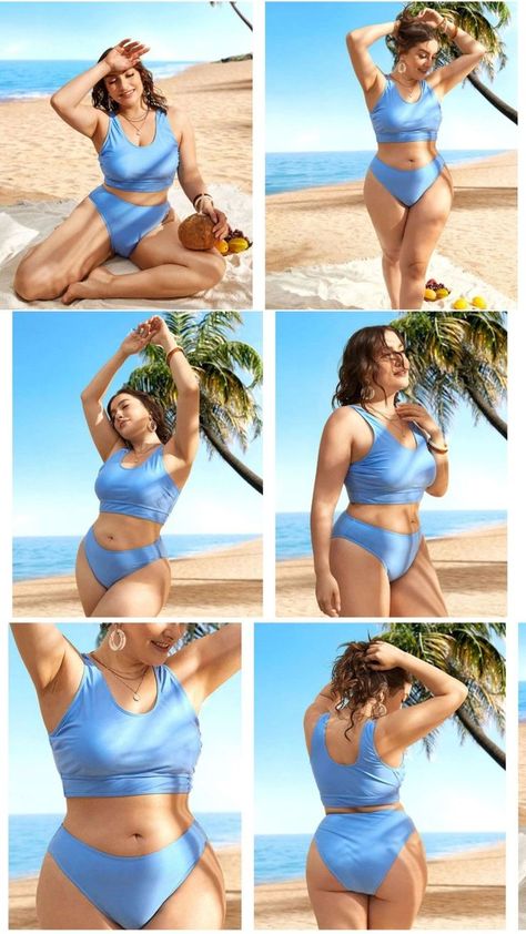 Curvy Swimwear Photoshoot, Beach Pictures Poses For Chubby, Midsize Photo Poses, Outfit Playa Curvy, Chubby Swimsuit Pose, Chubby Photoshoot Ideas, Midsize Photoshoot, Chubby Beach Pose, Swimsuit For Chubby Girls