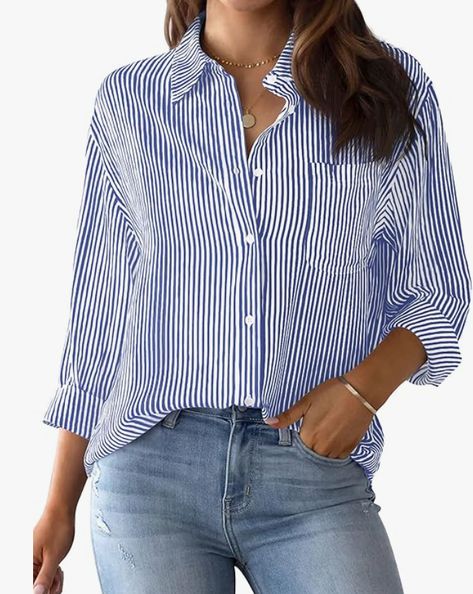 High quality 80% cotton + 20% polyester. The womens striped button up shirt is lightweight, durable and comfortable to wear. Buttoned front to create a v-neckline Button down v neck shirts, striped pattern, collared shirts, chest pocket, long sleeve blouses for women dressy, classic regular fit cut, show your fashion and charm Cotton Stripe Dresses, Women's Button Down Shirt, Casual Long Sleeve Shirts, Striped Sleeve, Striped Cardigan, Work Blouse, Belleza Natural, Long Blouse, Womens Fall