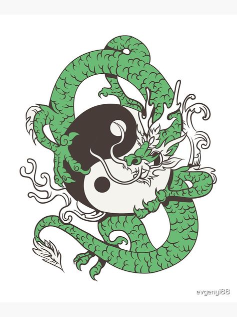 "Green dragon and Yin Yang" Tote Bag by evgenyi88 | Redbubble Yin Yang Dragon Drawing, Yin Yang Dragon Art, Tiger And Dragon Yin Yang, Green Dragon Illustration, Green Yin Yang, Golf Bar, Dunhuang, Dragon Illustration, Tattoos For Black Skin