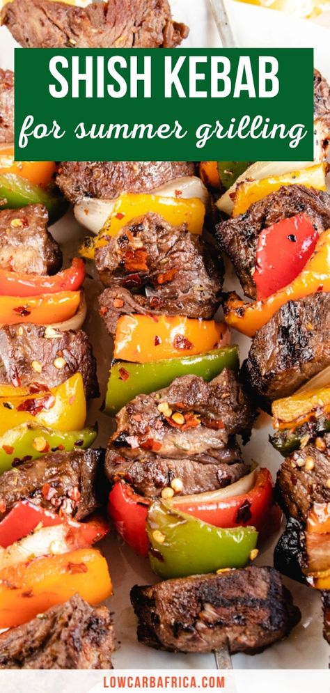 Shish kebab (shish kabob) is a delicious summer recipe, made with healthy veggies, top sirloin steak, and a delicious marinade for that umami flavor. They can be made with lamb or beef and are perfect for bbq, potlucks, and cookouts. | beef kabobs | on the grill  | low carb | keto | gluten-free | dairy-free | lowcarbafrica.com Beef Shish Kabobs, Kabobs Recipes, Beef Shish Kabob, Shishkabobs Recipe, Beef Kabob Recipes, Grilled Kabob Recipes, Shish Kabob, Grilling Kabobs, Steak Kabobs