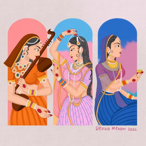 Modern Woman Illustration, Two Paintings Together On Wall, Best Canvas Paintings, Indian Art Illustration, Music Makeup, Modern Indian Art, Women Illustration, Indian Illustration, Indian Art Gallery