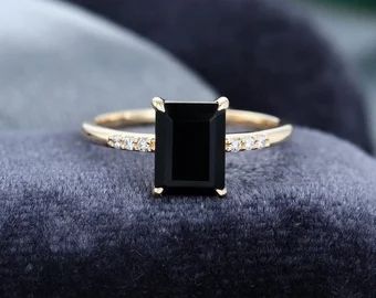 Elegant Customized Jewelry in Moissanite Diamond & by ClasivityArt Gold And Black Ring, Black Diamond Solitaire Ring, Black Diamond Solitaire, Black Onyx Engagement Ring, Onyx Engagement Ring, Emerald Cut Engagement, Yellow Engagement Rings, Zierlicher Ring, Emerald Cut Rings