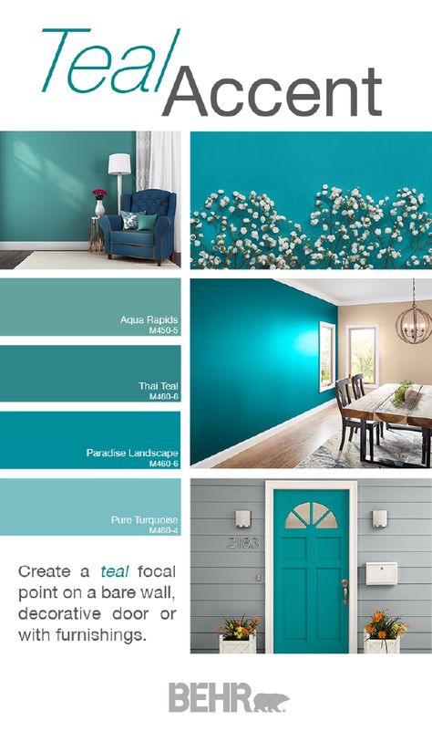 Searching for an easy way to add a modern twist to your neutral color palette? Explore these trending teal accent wall colors from Behr Paint. Bright shades of blue like Aqua Rapids, Thai Teal, Paradise Landscape, and Pure Turquoise pop against beige, gray, or white walls. Click below to see more. Behr Caribe Color Schemes, Blue Teal Color Palette Living Room, Teal Blue Interior Design, Turquoise Wall Paint Ideas, Calming Teal Bedroom, Colours To Go With Teal, Teal Statement Wall, Colours That Go With Teal Living Rooms, Teal Wall Colors Living Room