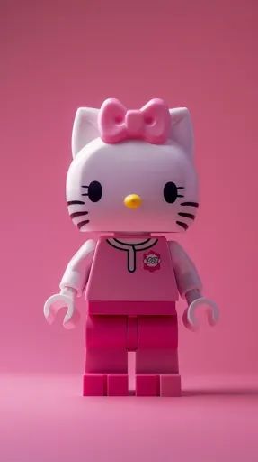 ↑↑↑ Larger size on website 🔸 A pink Hello Kitty Lego figurine stands on a pink background.  She has a white face with black whisk 🔸 From Midjourney AI Image Lego Hello Kitty, Hello Kitty Lego, Lego Figurine, Pink Hello Kitty, Large Eyes, White Face, Pink Bow, Pink Background, Minimalist Design