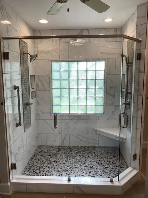 Showers With Windows Walk In, Shower With Block Window, Walk In Shower With Window Master Suite, Jet Tub To Shower Conversion, Walk In Showers With Windows In Them, Showers With A Window, Masterbath Ideas 2024 Remodel, Glass Stand Up Shower Ideas, Stand Up Shower With Window