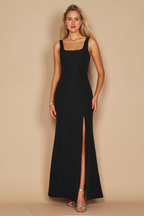 Dylan & Davids Long Formal Square Neckline Evening Dress | The Dress Outlet Black Dress With Square Neckline, Square Neckline Dress Formal, Short Sleeve Prom Dress Long, Thick Strap Dress Formal, Black Square Neckline Dress, Spaghetti Strap Formal Dress, Square Neckline Formal Dress, Black Sleeveless Formal Dress, Prom Dresses Long With Sleeves Elegant