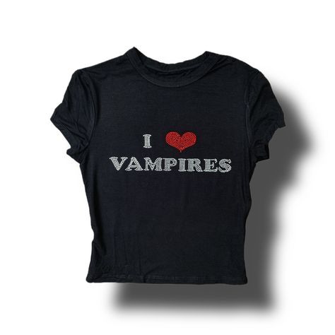 Black semi-cropped Baby Tee with, "I ❤️ Vampires" in RHINESTONES. MY ORIGINAL DESIGN.  94% Viscose, 6% Elastane. Slight stretch.  Please hand-wash this item or machine wash cold INSIDE OUT and let AIR DRY. The Christmas delivery cutoff date was Nov. 28th, after that I cannot guarantee arrival by Christmas. I Heart Vampires, Sable Ward, Y2k Outfit Ideas, Goth Shirt, Emo Girl, Master List, Plaid Shirts, Y2k Summer, Shirt Y2k