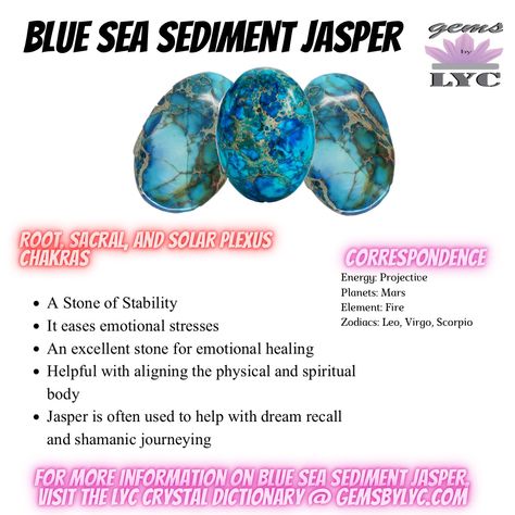 For more information on Blue sea sediment jasper please visit the LYC Crystal Dictionary @ gemsbylyc.com Crystal Meanings Charts, Jasper Properties, Shamanic Journeying, Crystal Identification, Jasper Meaning, Crystal Seashells, Shamanic Journey, Dream Recall, Human Design System