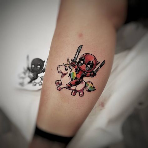 Funny Deadpool Tattoo, Baby Deadpool, Deadpool Unicorn, Deadpool Tattoo, Funny Tattoo, Unicorn Tattoo, Spiderman Tattoo, Avengers Tattoo, Nerd Tattoo