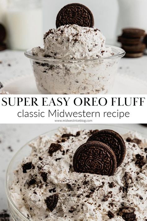 Oreo Cookie Fluff, No Bake Whipped Cream Dessert, Easy Oreo Fluff Dessert, Oreo Cheesecake Fluff, Oreo Yum Yum, Oreo Whip Cream Dessert, Cookie And Cream Recipes, Oreo Cream Dessert, Oreo Fluff Pie