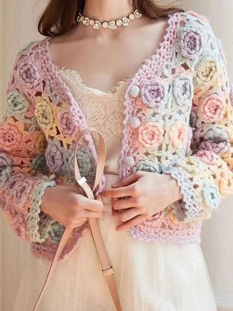 3d Rose, Crochet Summer, Floral Cardigan, Floral Crochet, Sweater Coat, 3d Flowers, Knitted Cardigan, Crochet Techniques, Cropped Cardigan