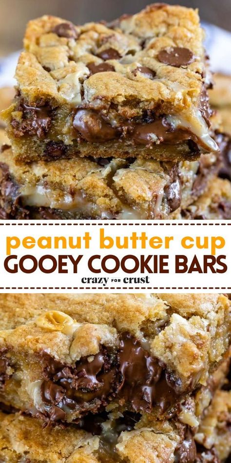 Looking for simple dessert recipes? These gooey cookie bars are the BEST. Filled with peanut butter cups and gooey peanut butter, these chocolate chip cookie bars are decadent. Indulge in this easy-to-make sweet treat today! Chocolate Chip Gooey Bars, Cookie Sheet Recipes, Candy Bar Desserts Recipes, Peanut Butter Choc Chip Bars, Peanut Butter Caramel Bars, Desserts For Coworkers, Dessert With Reeses Cups, Peanut Butter Cup Cookie Bars, Candy Bar Cookie Bars