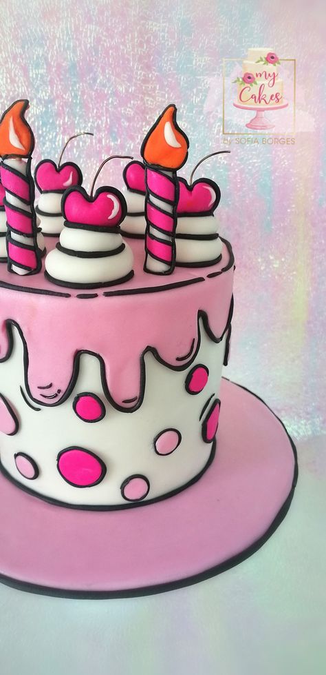 Pop Art Cake Design, Pop Art Cakes, Cake Cartoon Design, Comic Cake, Cartoon Birthday Cake, 14th Birthday Cakes, Cake Decorating For Beginners, Birthday Cake Pops, Pink Birthday Cakes