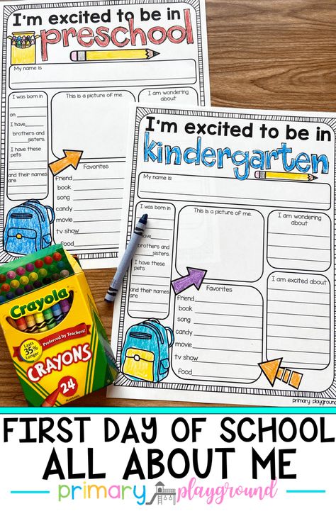 First Day of School All About Me Preschool and Kindergarten - Primary Playground Primary Playground, School All About Me, Preschool First Day, All About Me Preschool, First Day Of School Activities, Homeschool Room, Read Alouds, Kindergarten First Day, Preschool Printable