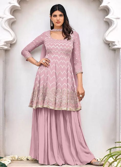 Buy Sharara Salwar Suit For Party Online Pink Sharara Suit, Pink Sharara, Palazzo Dress, Sharara Pants, Frock Style, Zardozi Embroidery, Sharara Suit, Designer Anarkali, Indian Attire